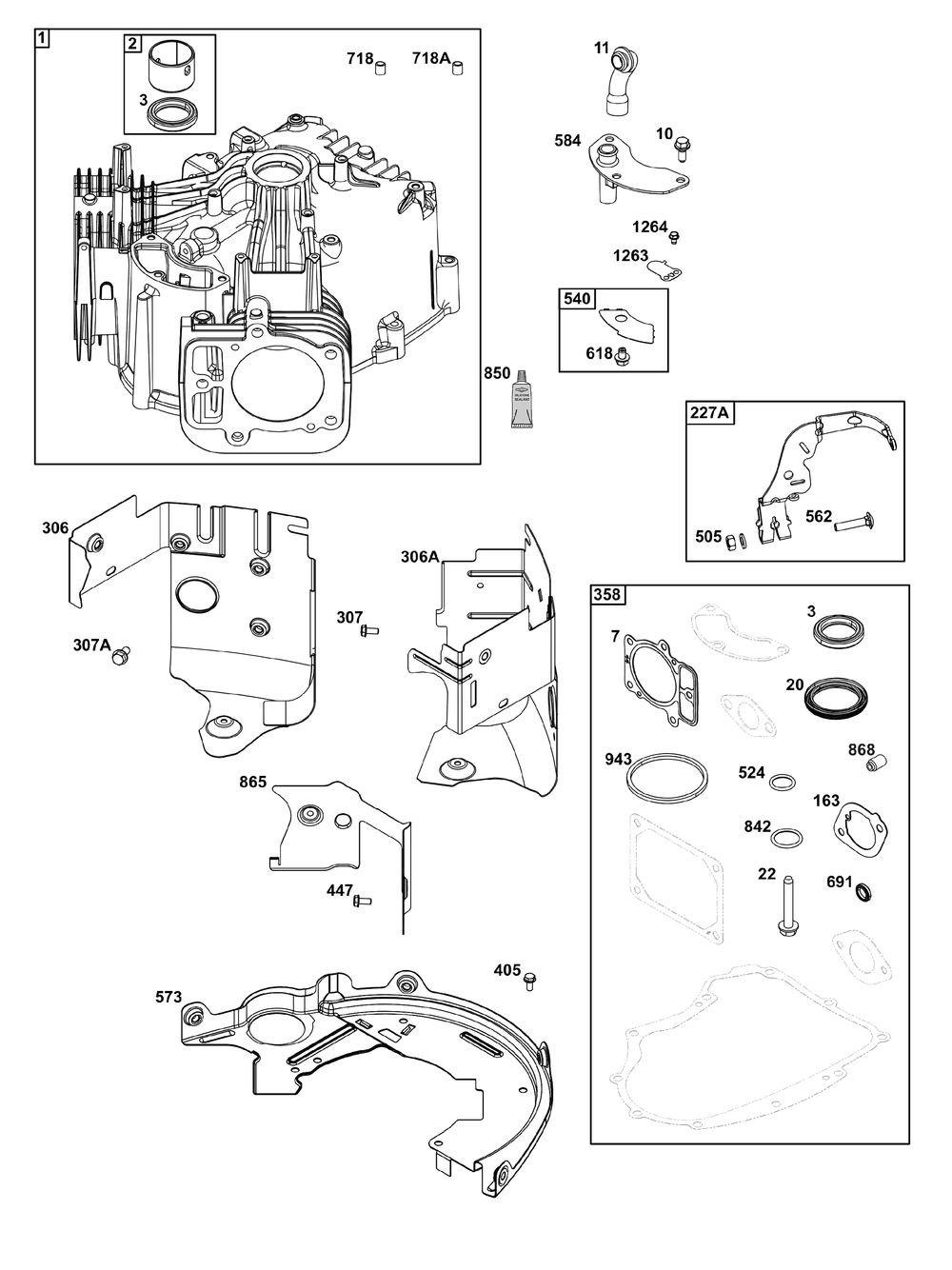 Cylinder Group Diagram and Parts List for 44U677-0011-B5 400000 - 699999 Briggs and Stratton Engine